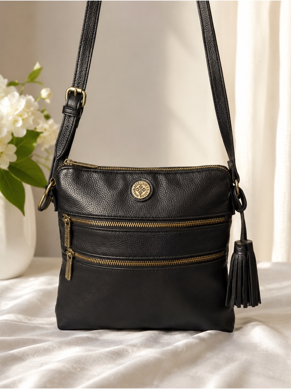 Anne Klein Black Leather Crossbody with Gold Hardware and Tassel